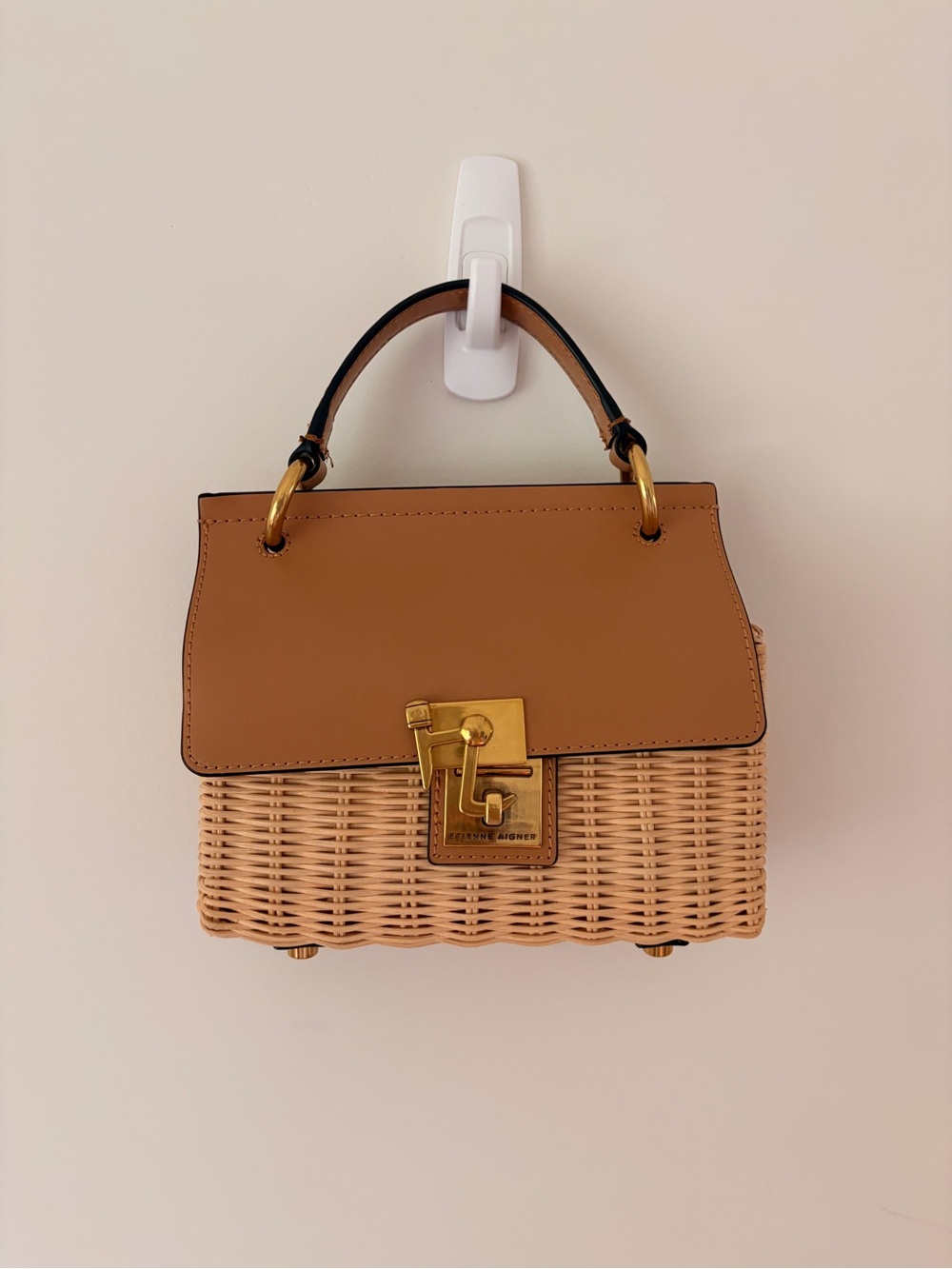 Etienne Aigner Wicker Handbag with Tan Leather Flap and Gold Hardware